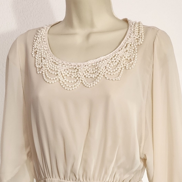 Ing Dress Sheer Overlay And Faux Pearl Strands Collar Long Sleeve Cream Size L - Picture 7 of 15